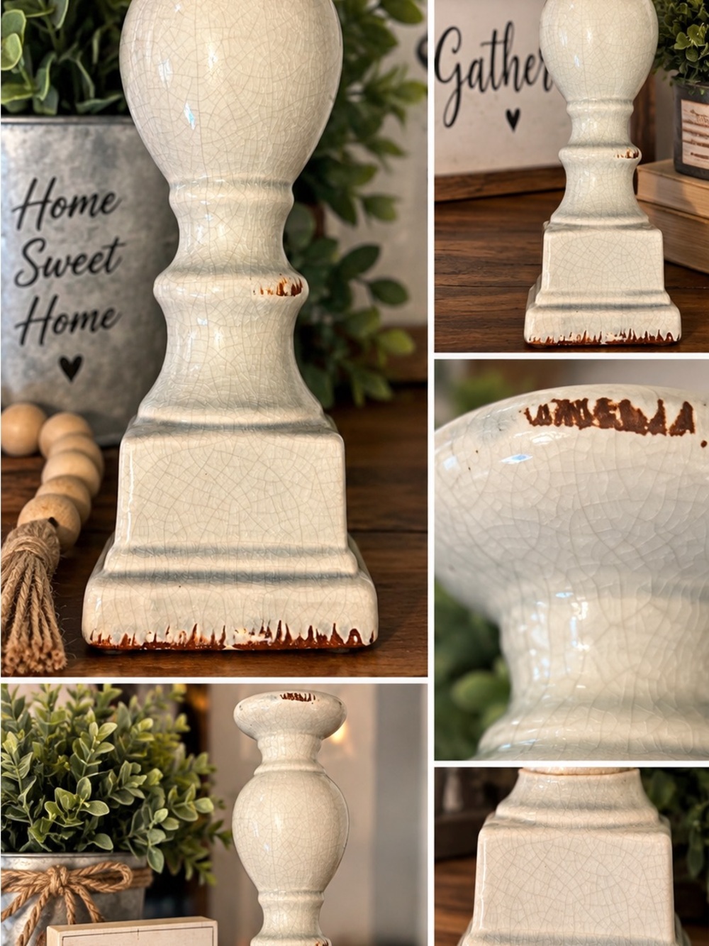 15” Distressed Ceramic Candlestick - Cream